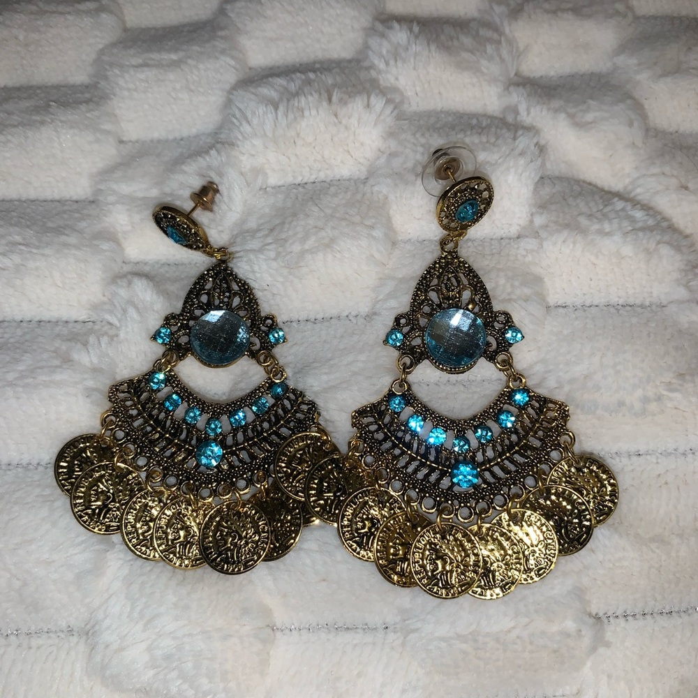 Vintage Gold and Blue Coin Chandelier Earrings